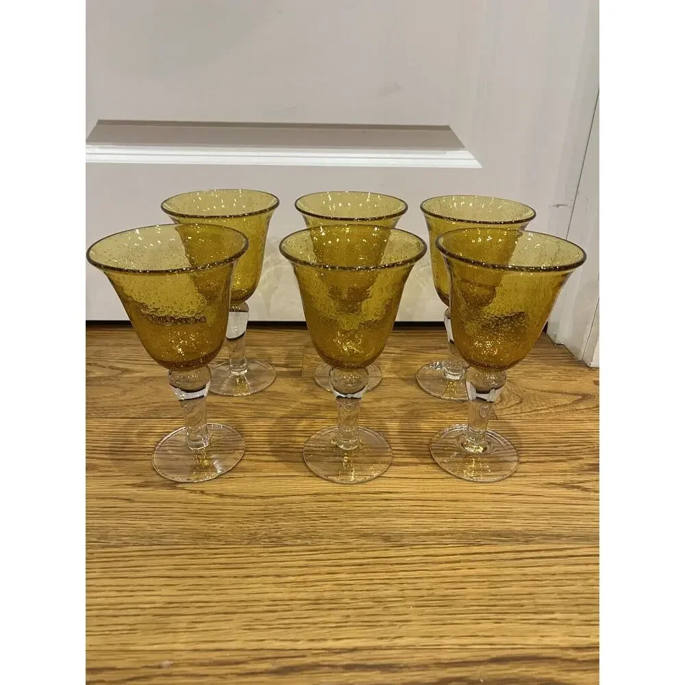 Artland Water Goblets Iris Citrine Amber Set Of 6 Bubbled Bowl Clear Stem‎